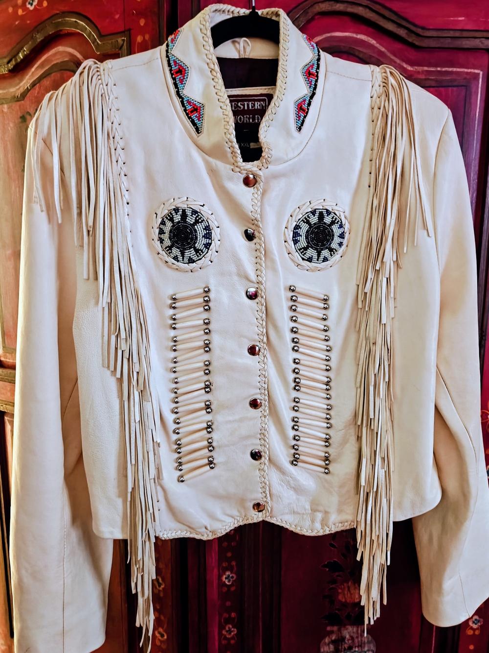 Women's Cream Fringe Butter Soft Leather Jacket with Beadwork Western XXL